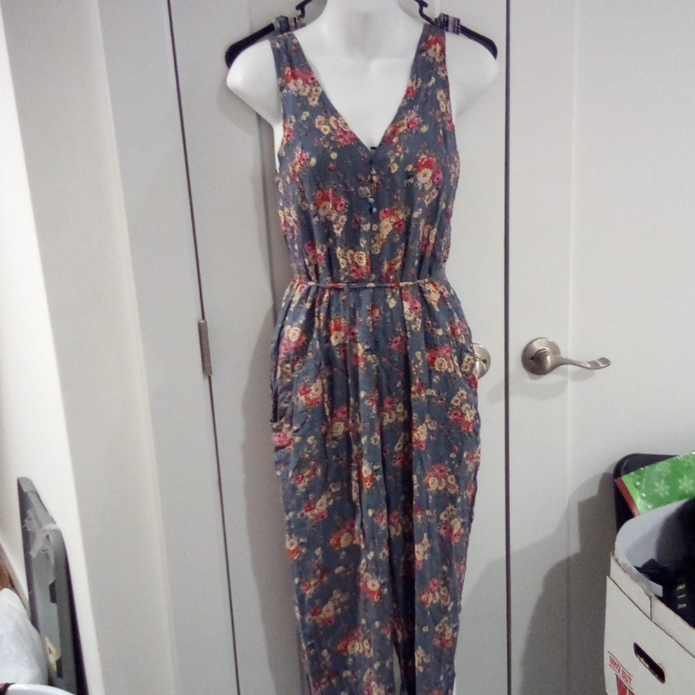 Blue Spring Splatter Floral Print Sleeveless Tank Jumpsuit